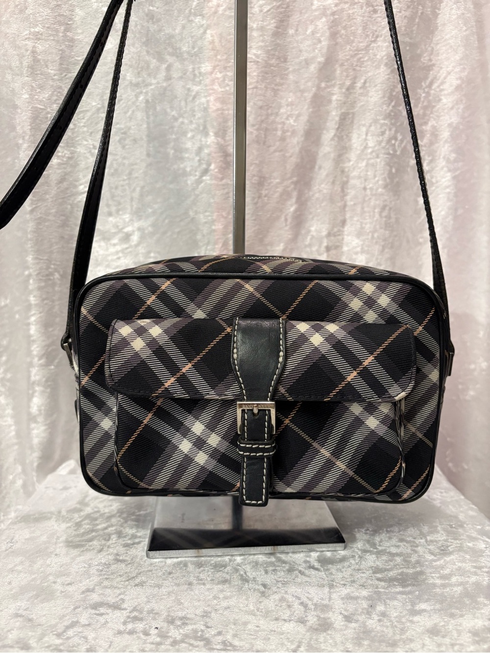 Burberry Blue Label Nova Check Crossbody Bag in Black, Purple , Peach COA Japan